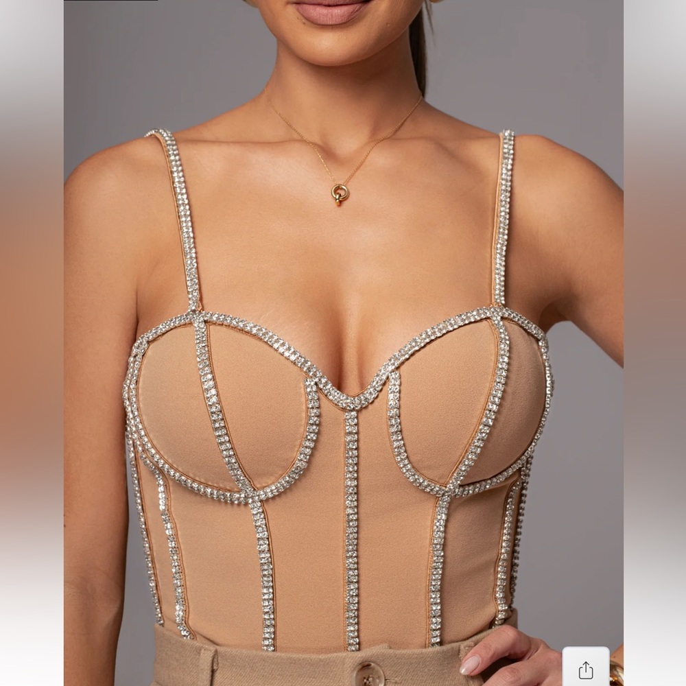 JLUXLABEL TAN ILLUSIONS RHINESTONE CORSET SIZE SMALL NWT